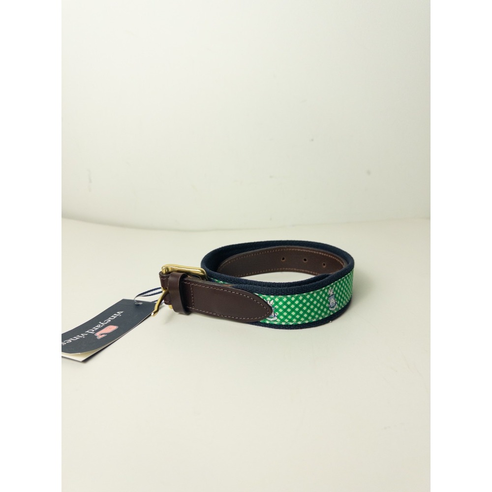 Vineyard Vines Belt Mens 28 Green Gingham Navy Carpe Diem Ribbon Leather